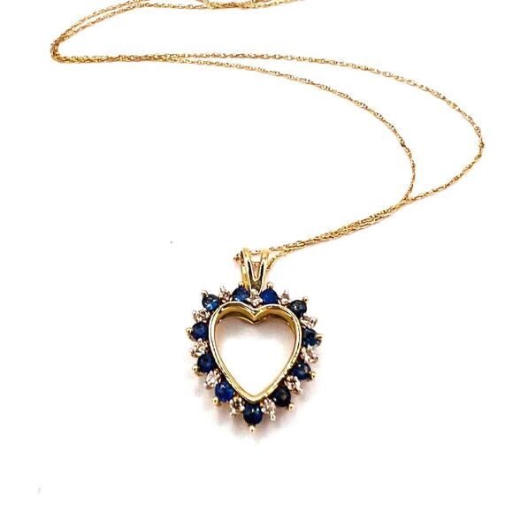 Vintage 10K Yellow Gold Sapphire Diamond Accent Heart Pendant Necklace - Picture 1 of 4